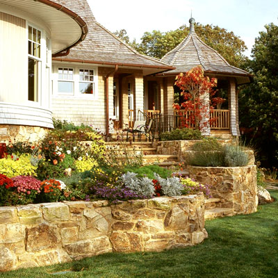 Software  Architectural Design on Flower Beds In A Retaining Wall With Stairs Leading To The Back Door